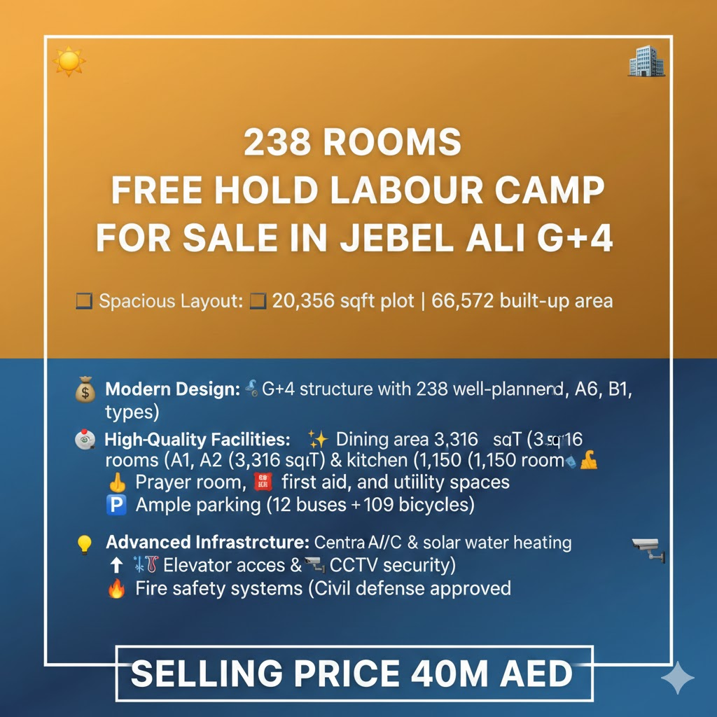 238 Rooms Free Hold Labour Camp for Sale in Jebel Ali G+4