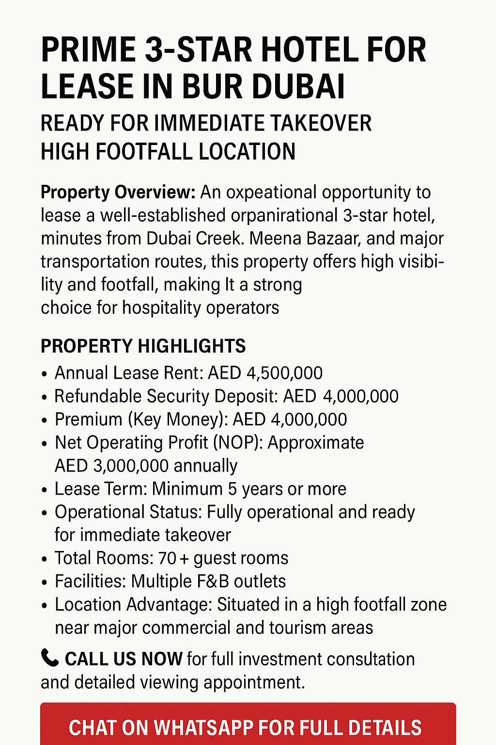 Prime 3-Star Hotel for Lease in Bur Dubai