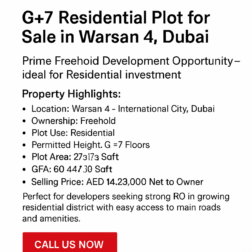 G+7 Residential Plot for Sale in Warsan 4, Dubai