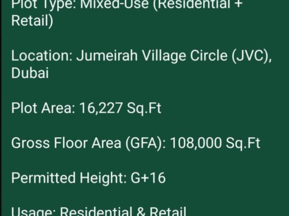 G+16 Mixed-Use Plot for Sale in Jumeirah Village Circle (JVC)