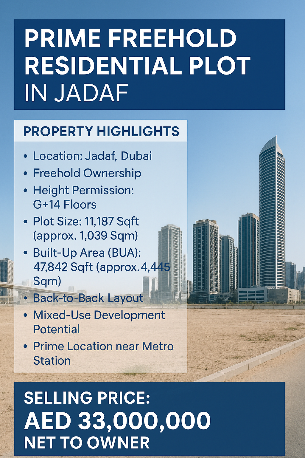 G+14 Prime Freehold Residential Plot in Jadaf-11,187 Sqft