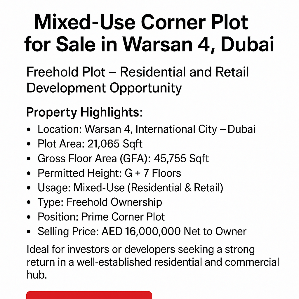 Mixed-Use Corner Plot for Sale in Warsan 4, Dubai