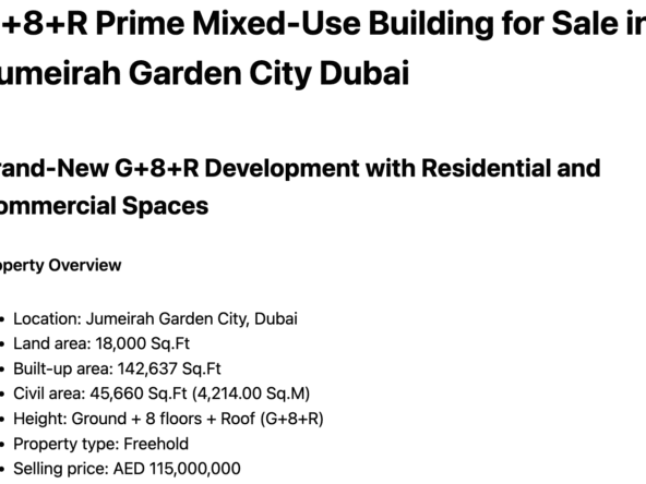 G+8+R Prime Mixed-Use Building for Sale in Jumeirah Garden City Dubai
