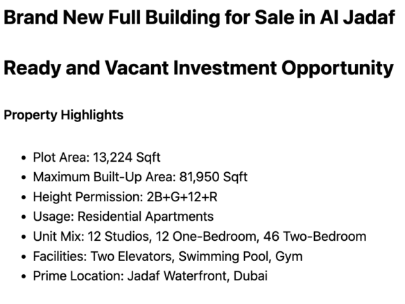 2B+G+12+R Full Building for Sale in Al Jadaf