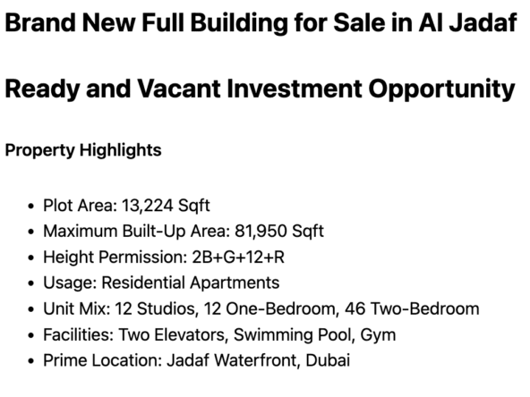 2B+G+12+R Full Building for Sale in Al Jadaf
