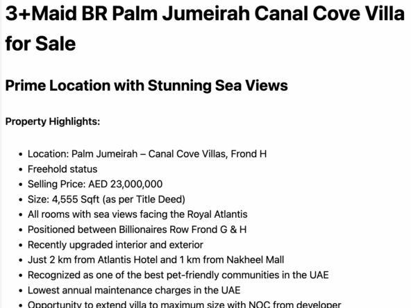 3+M Palm Jumeirah Canal Cove Villa for Sale