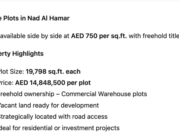 Free Hold Commercial Prime Plots in Nad Al Hamar
