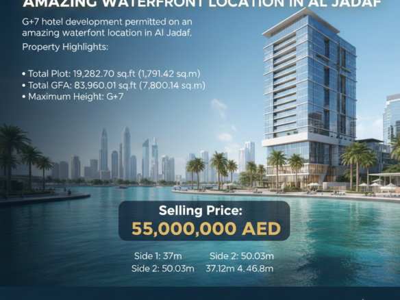 Prime Al Jadaf waterfront Plot with G+7 for hotel development.
