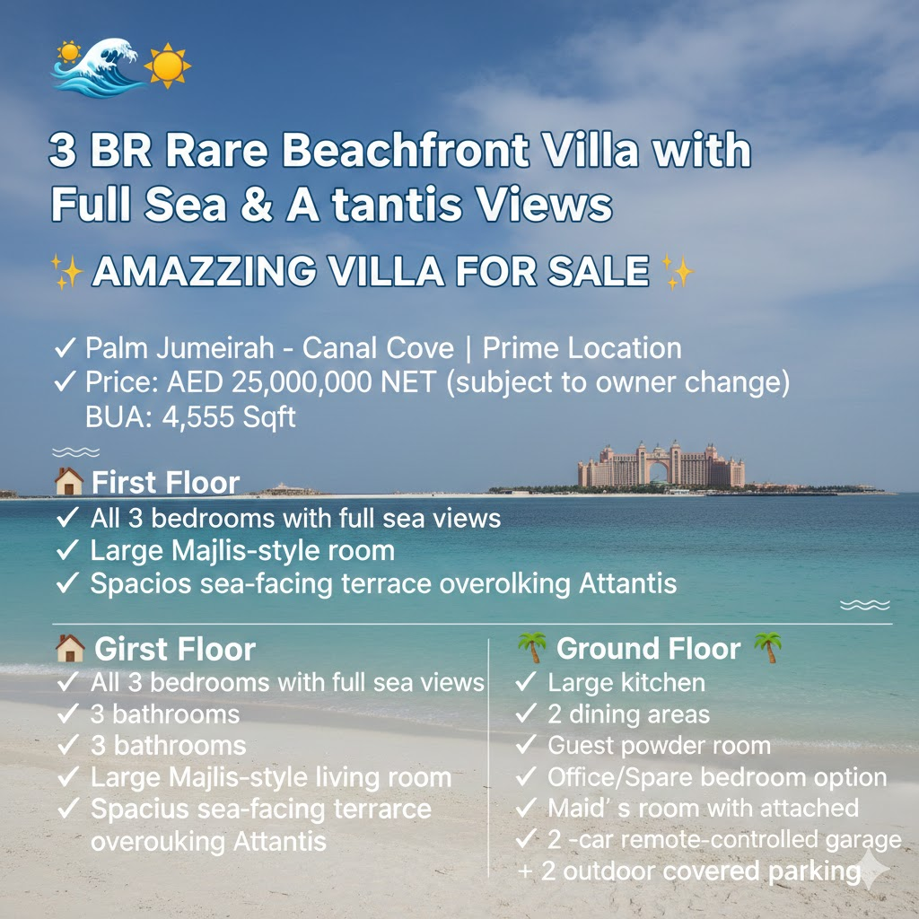 🌊 3 BR Rare Beachfront Villa with Full Sea & Atlantis Views
