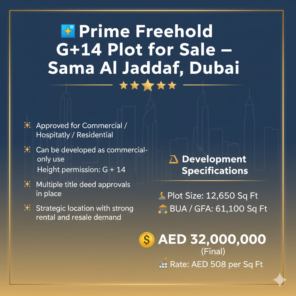 🏙️ Prime Freehold G+14 Plot for Sale – Sama Al Jaddaf, Dubai