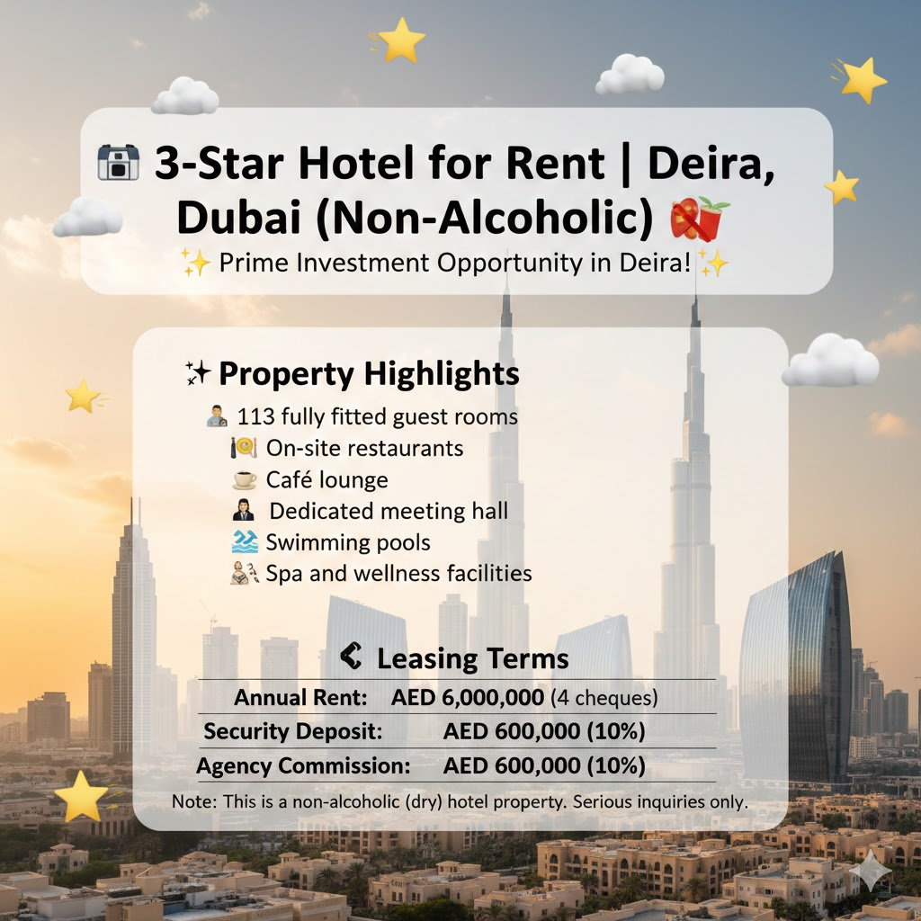 🏨 3-Star Hotel for Rent | Deira, Dubai | Non Alcoholic