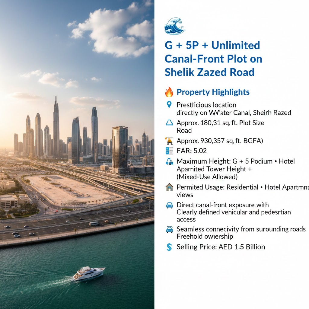 🌊 G + 5P + Unlimited  Canal-Front Plot on Sheikh Zayed Road