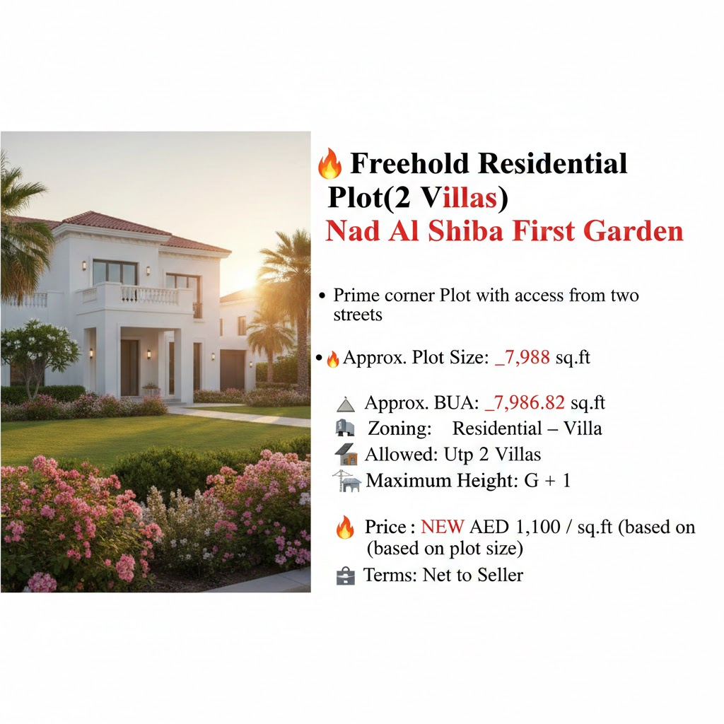 🔥 Freehold Residential Plot(2 Villas) Nad Al Shiba First Garden