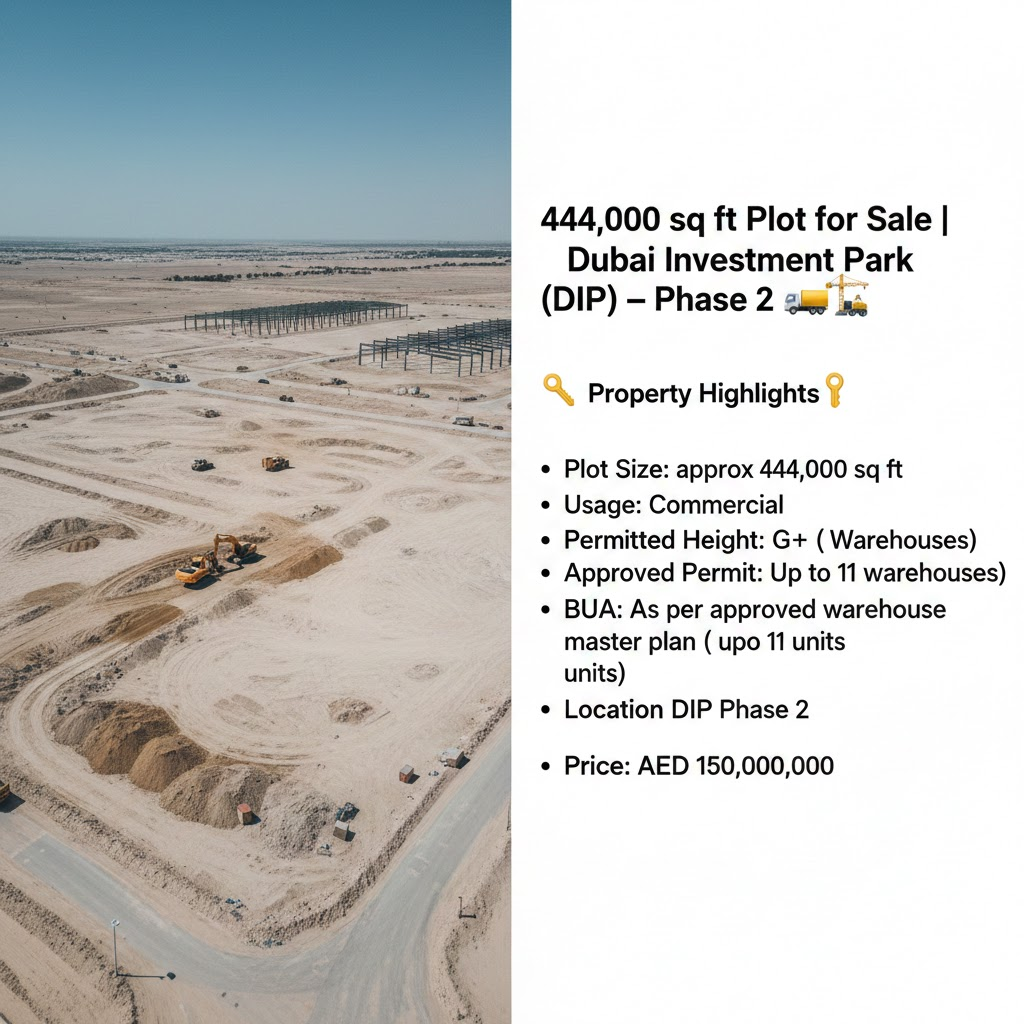 444,000 sq ft Plot for Sale | Dubai Investment Park (DIP) – Phase 2 🚛🏗️