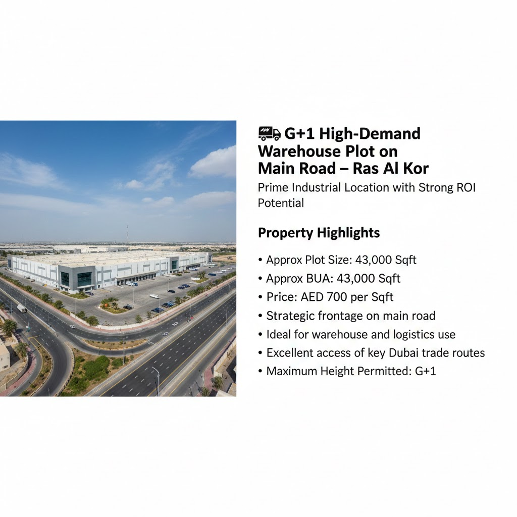 🚛 Free Hold G+1 Warehouse Plot on Main Road – Ras Al Khor