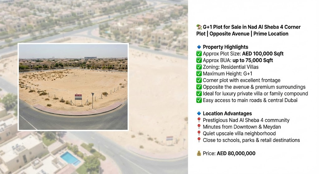 🏡 G+1 Plot for Sale in Nad Al Sheba 4 Corner Plot | Opposite Avenue | Prime Location