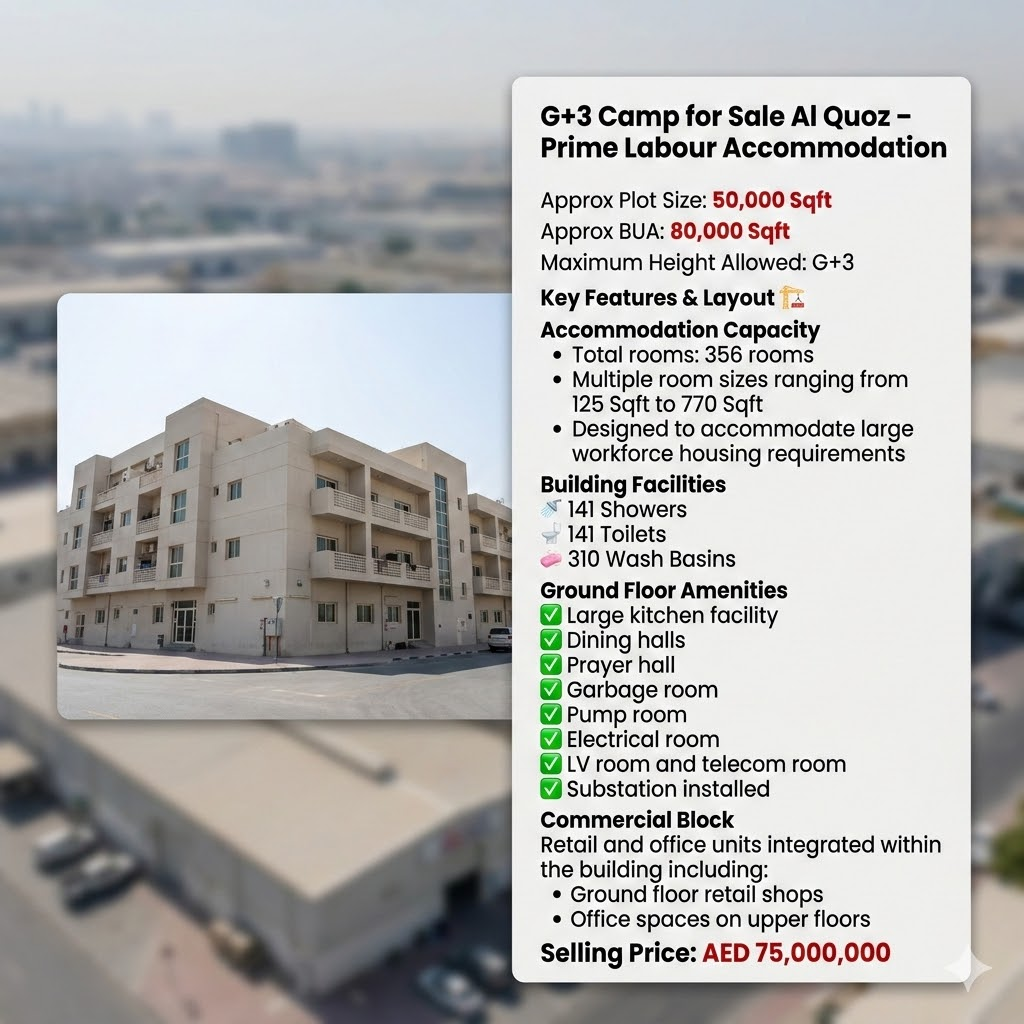  356 Rooms G+3 Camp for Sale Al Quoz – Labour Accommodation