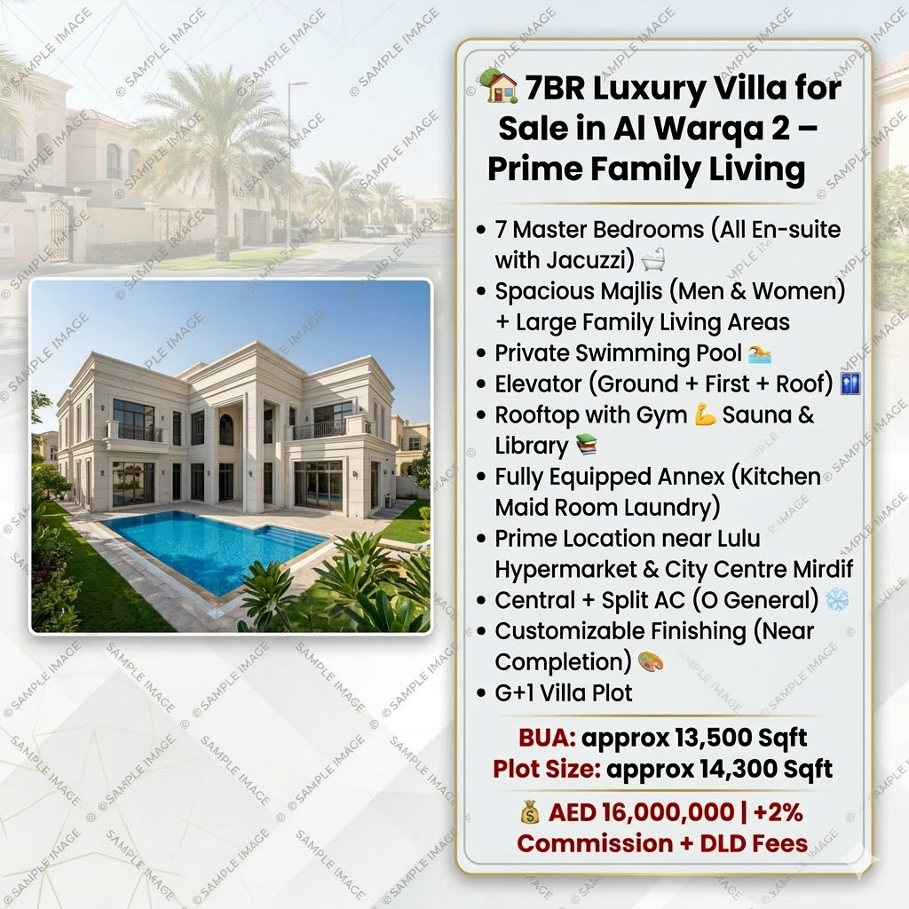 🏡 7BR Luxury Villa for Sale in Al Warqa 2 – Prime Family Living