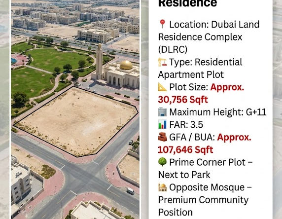 G+11 Residential Corner Plot for Sale in Dubai Land Residence