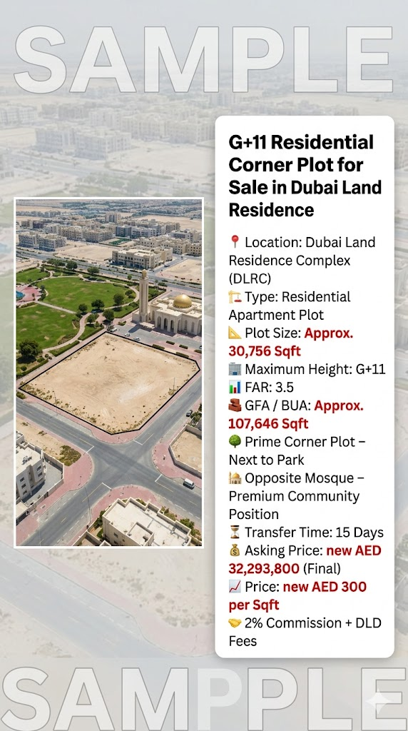 G+11 Residential Corner Plot for Sale in Dubai Land Residence