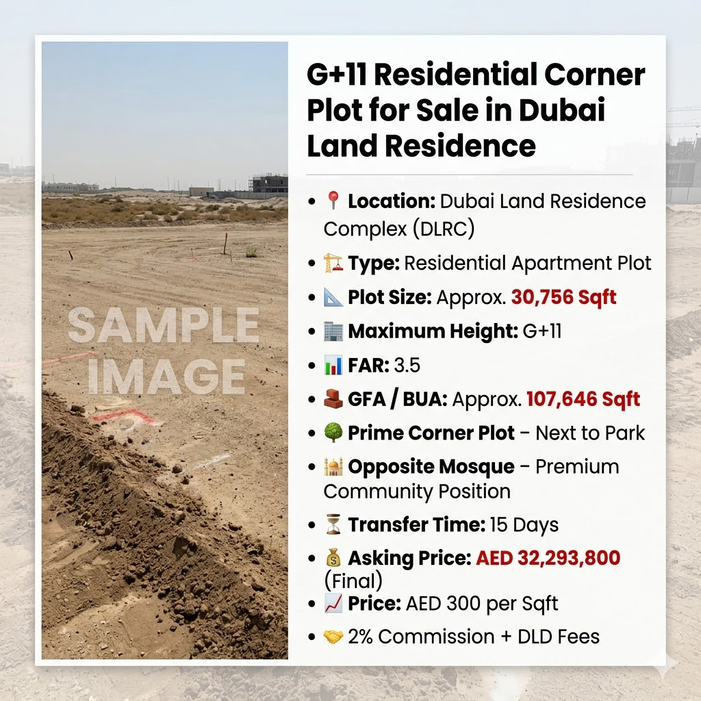 G+11 Residential Corner Plot for Sale in Dubai Land Residence