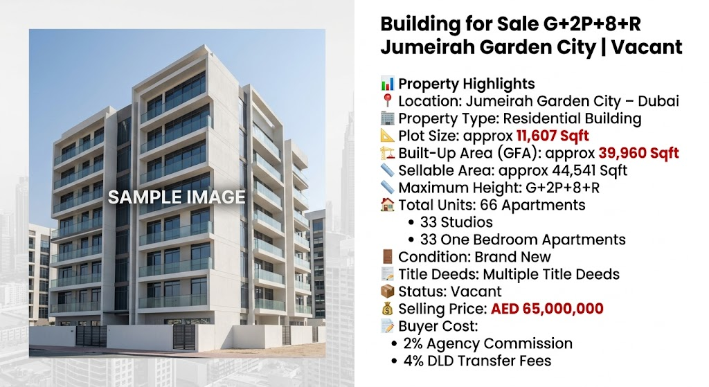 Building for Sale G+2P+8+R Jumeirah Garden City | Vacant