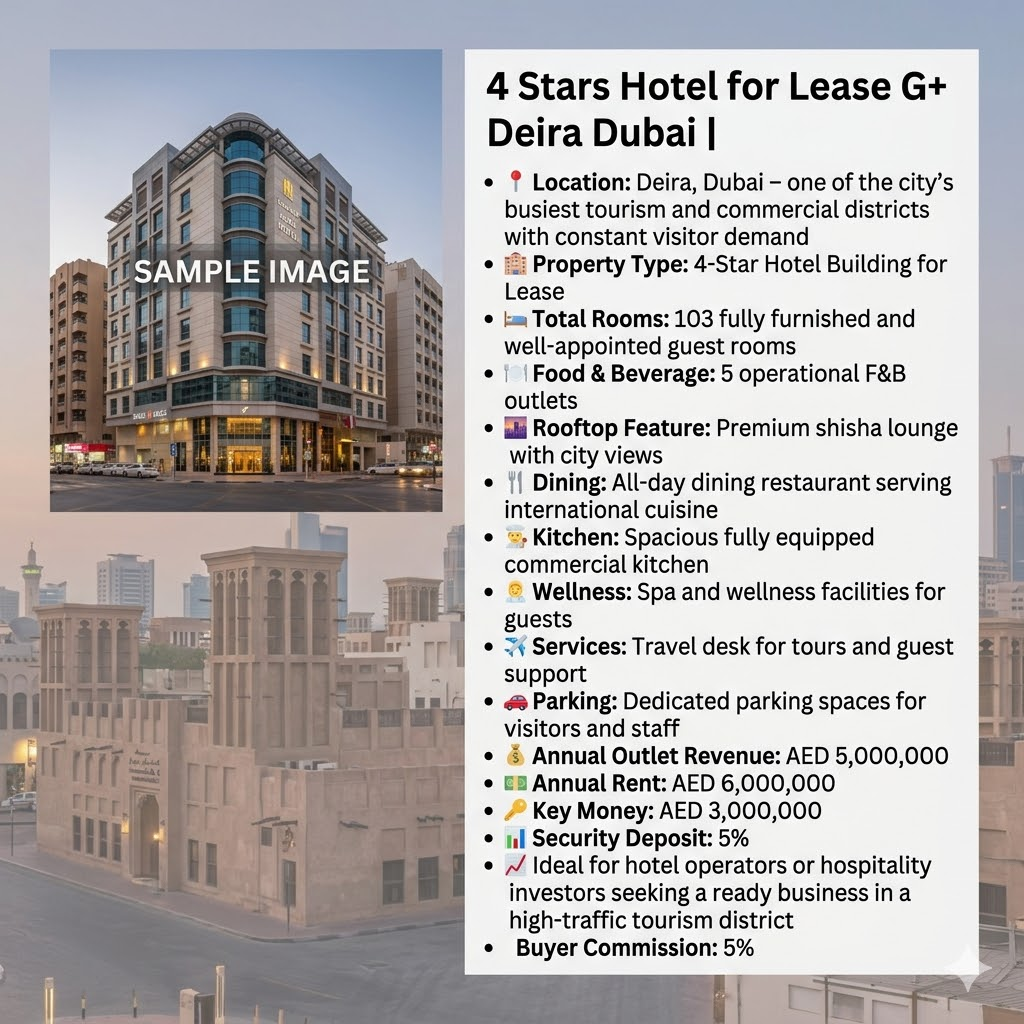4 Stars Hotel for Lease G+ Deira Dubai |