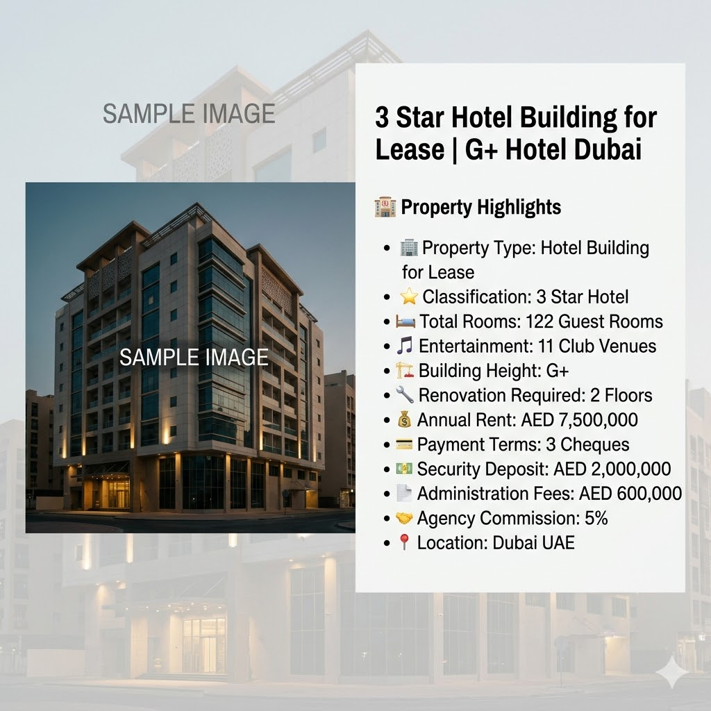 3 Star Hotel Building for Lease | G+ Hotel Dubai