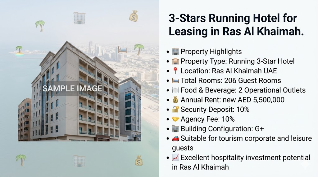 3-Stars Running Hotel for Leasing in Ras Al Khaimah.