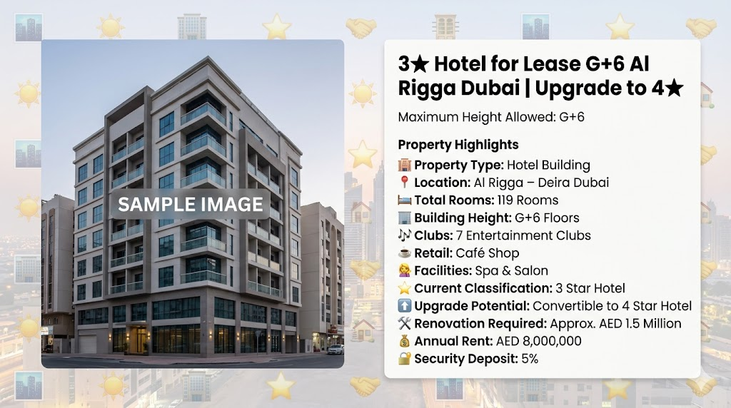 3★ Hotel for Lease G+6 Al Rigga Dubai | Upgrade to 4★