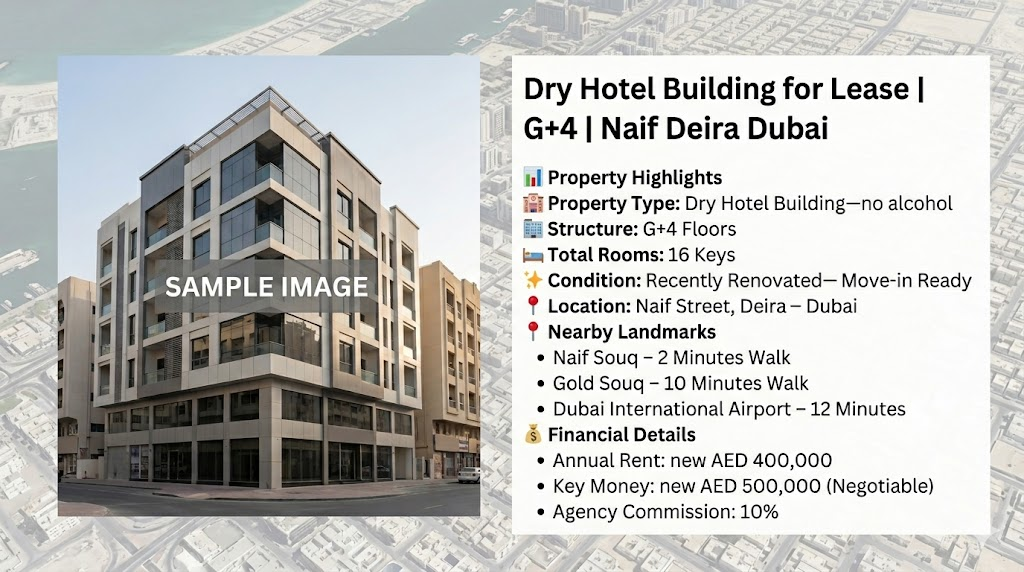 Dry Hotel Building for Lease | G+4 | Naif Deira Dubai