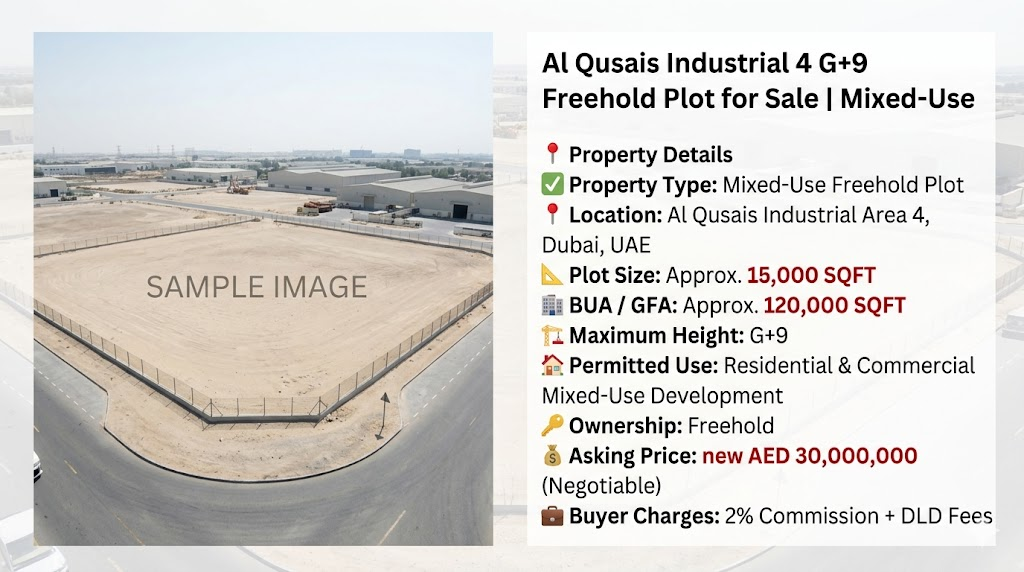 Al Qusais Industrial 4 G+9 Freehold Plot for Sale | Mixed-Use