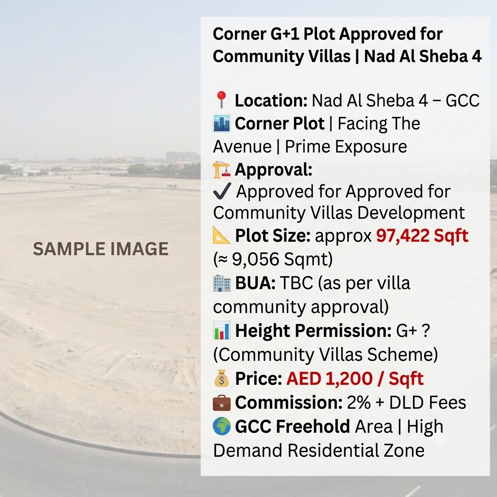 Corner G+1 Plot Approved for Community Villas | Nad Al Sheba 4