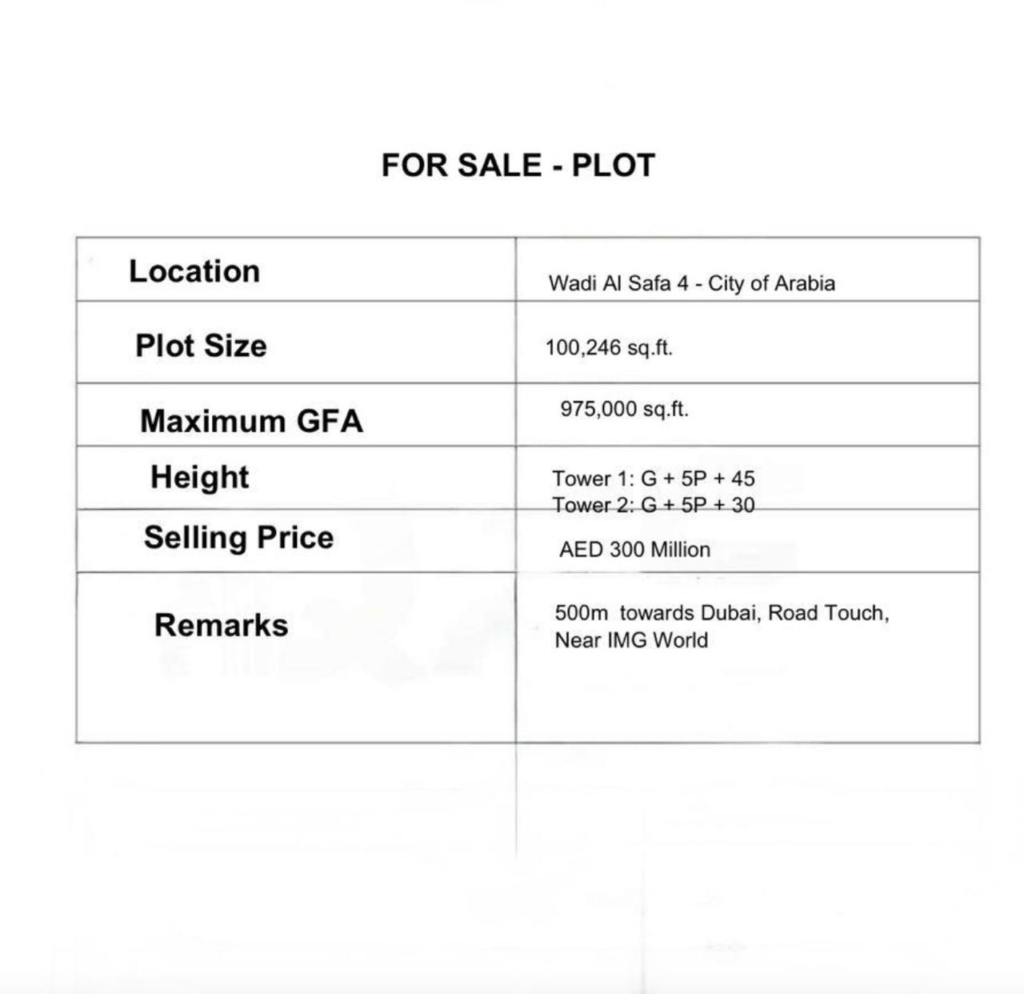 🏙️ G+ Plot for Sale | Wadi Al Safa 4 – 2 Towers / City of Arabia