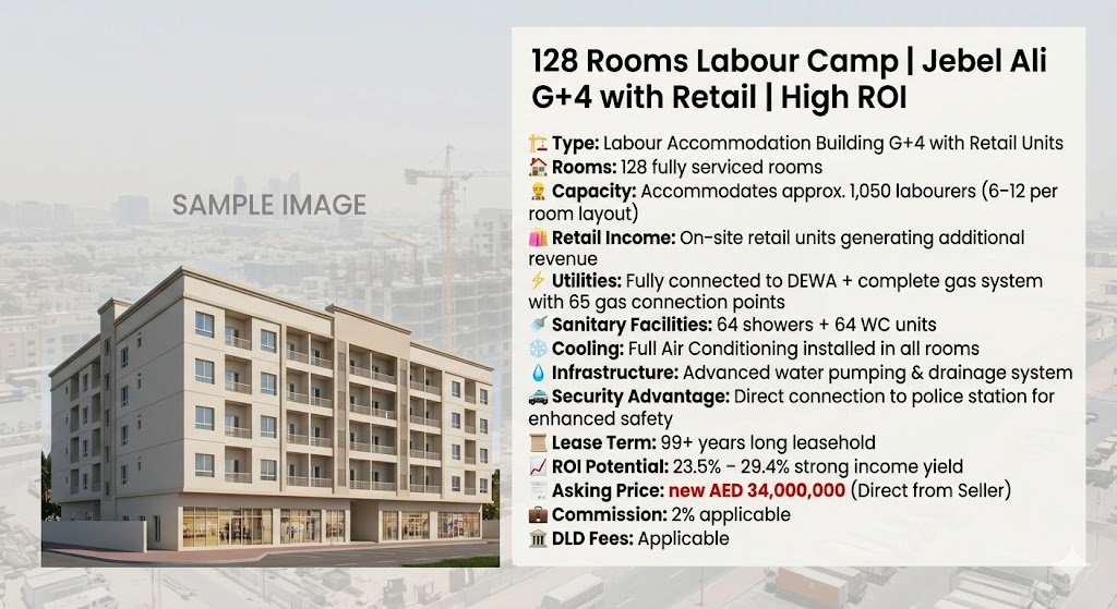 128 Rooms Labour Camp | Jebel Ali G+4 with Retail | High ROI