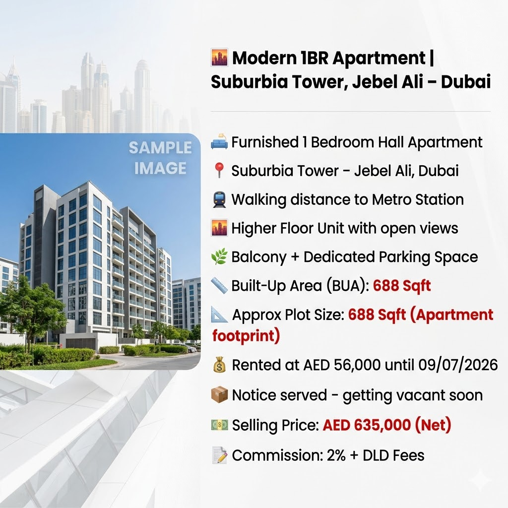 🌆 Modern 1BR Apartment | Suburbia Tower, Jebel Ali – Dubai