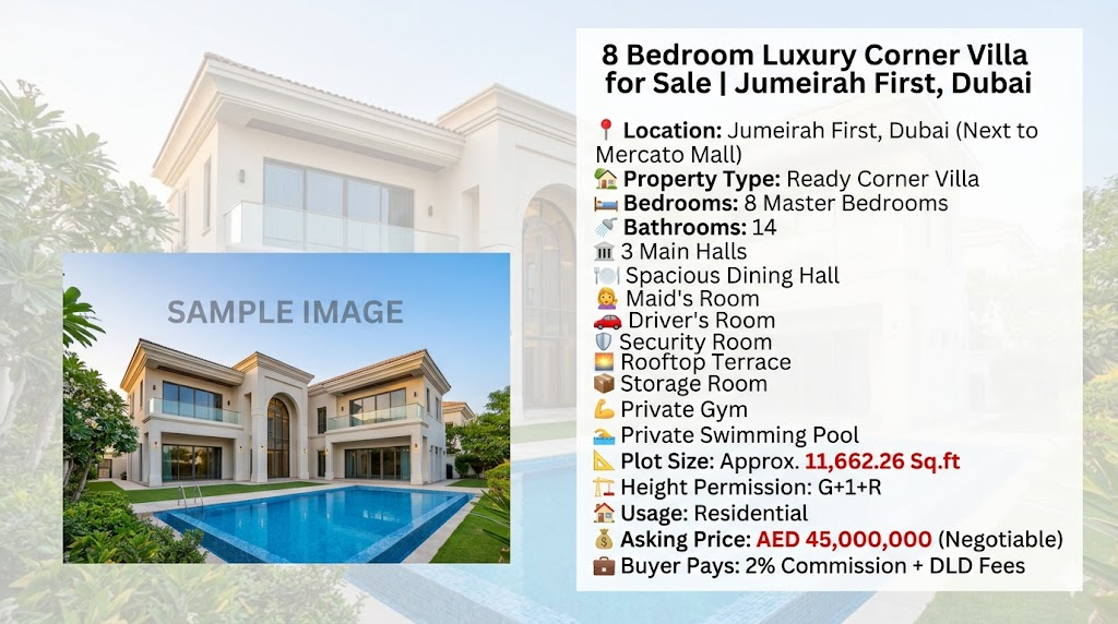 8 Bedroom Luxury Corner Villa for Sale | Jumeirah First, Dubai