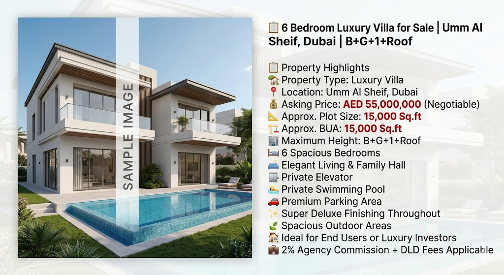 6 Bedroom Luxury Villa for Sale | Umm Al Sheif, Dubai | B+G+1+Roof