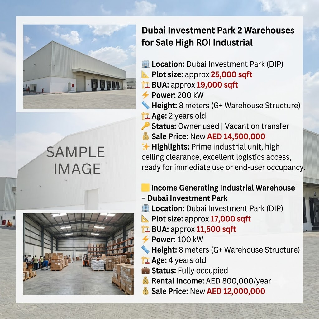 Dubai Investment Park 2 Warehouses for Sale High ROI Industrial