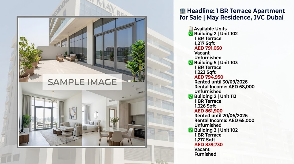 1 BR Terrace Apartment for Sale | May Residence, JVC Dubai