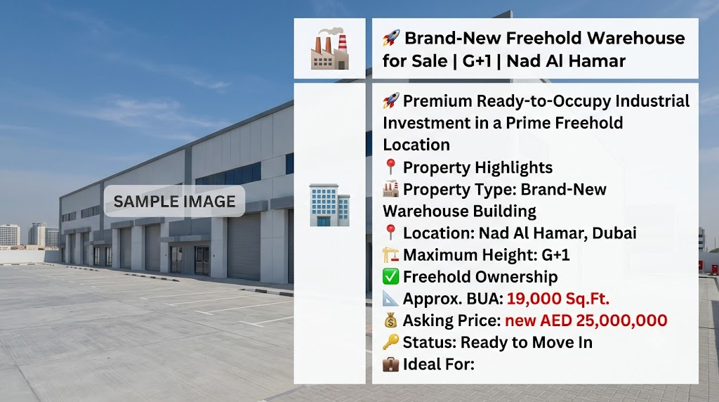 Brand-New Freehold Warehouse  for Sale | G+1 | Nad Al Hamar