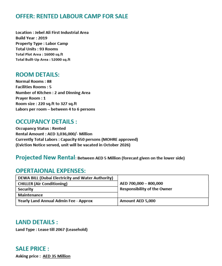 Rented Labour Camp for Sale in Jebel Ali First Industrial Area