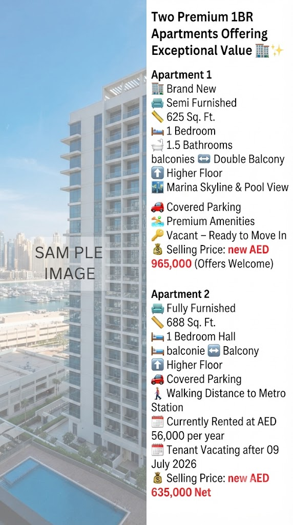 Two Premium 1BR Apartments Offering Exceptional Value