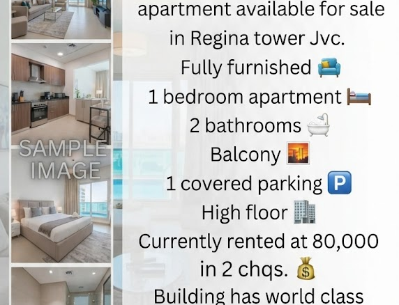 Furnished 1 Bedroom Apartment for Sale in Regina Tower JVC – High Floor