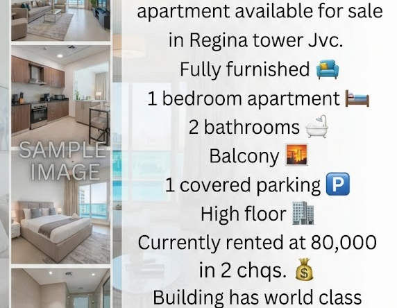 Furnished 1 Bedroom Apartment for Sale in Regina Tower JVC – High Floor