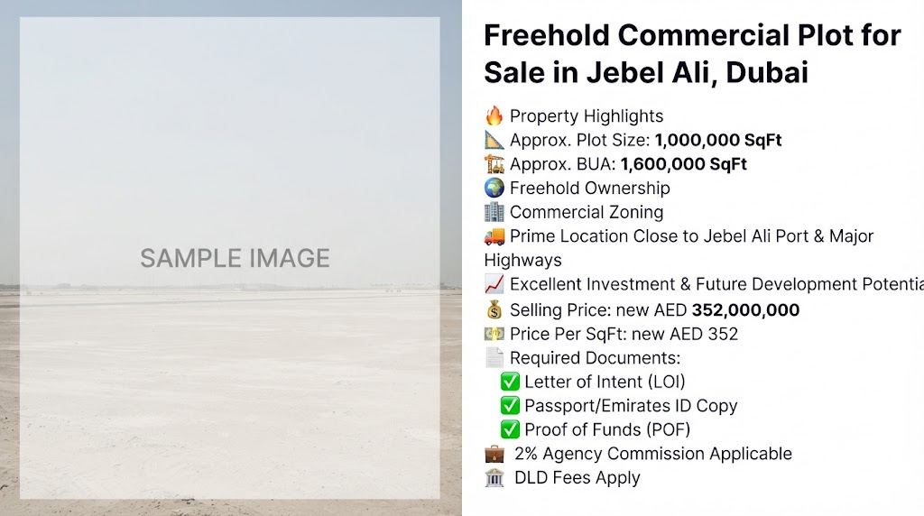 Freehold Commercial Plot for Sale in Jebel Ali, Dubai