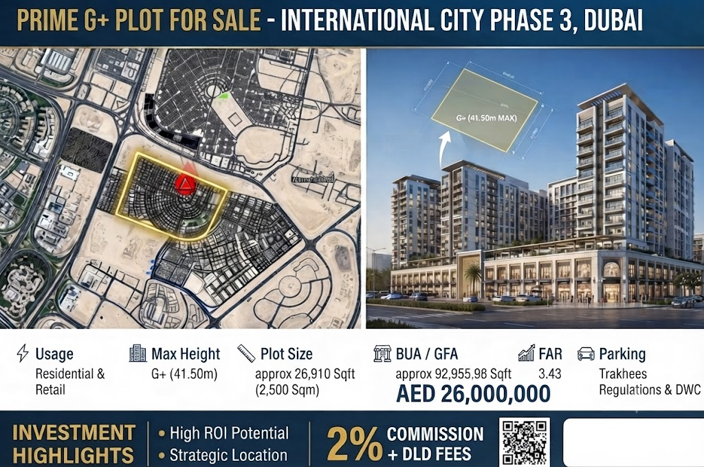 G+10 Residential with Retail Plot for sale International City Phase 3
