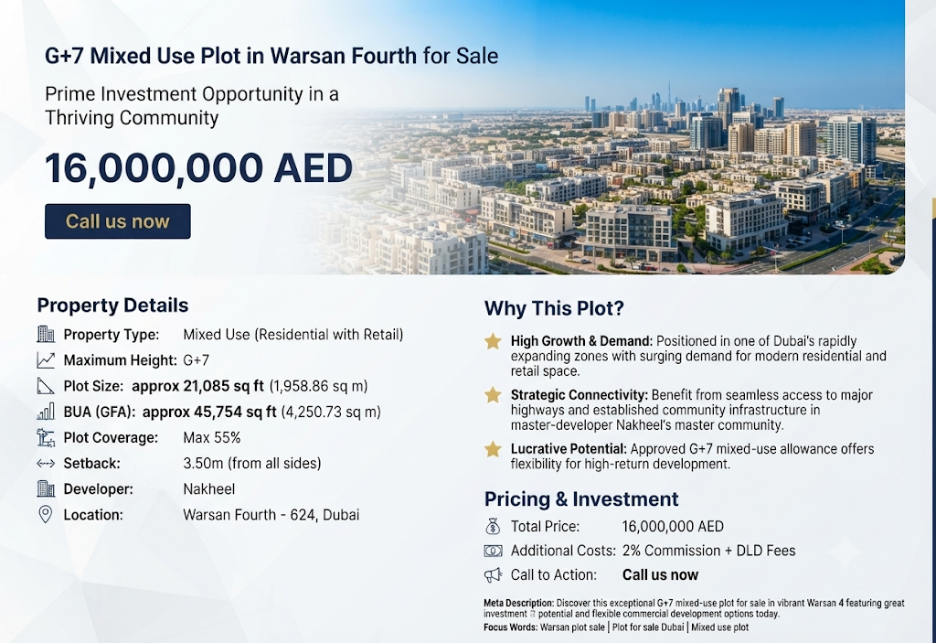 G+7 Plot in Warsan 4  Residential with Retail For Sale 