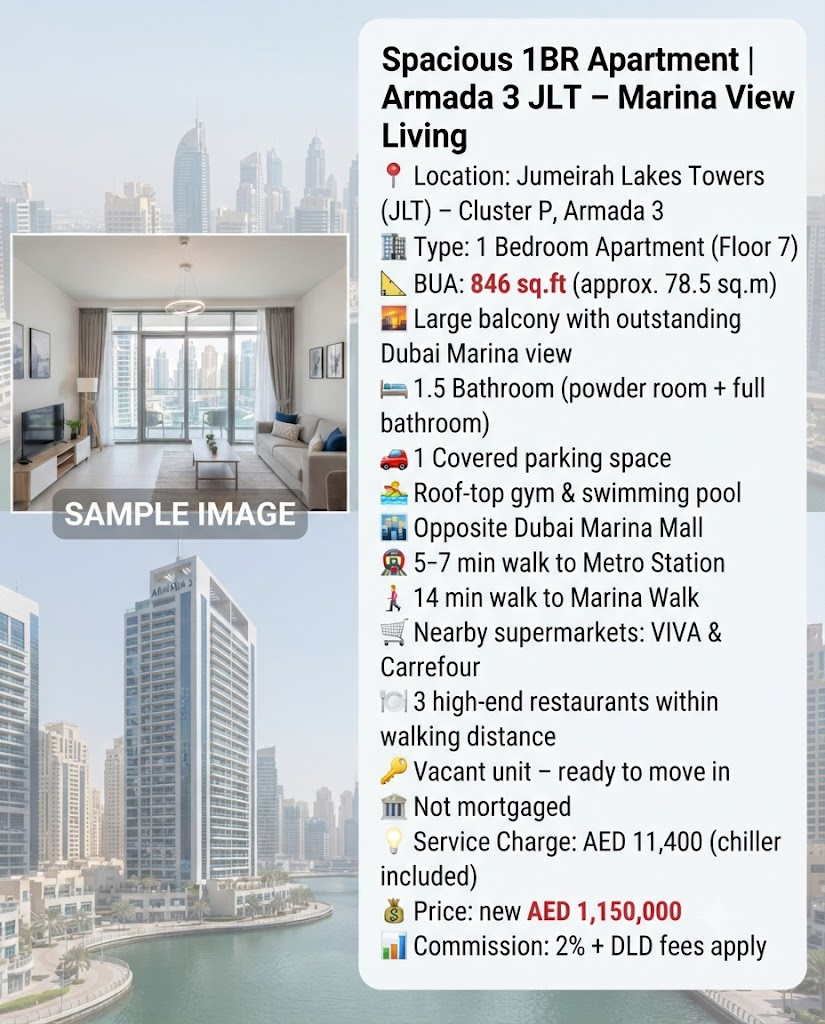 Spacious 1BR Apartment | Armada 3 JLT – Marina View Living