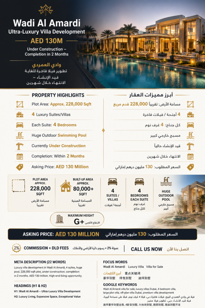 Wadi Al Amardi Luxury Villa G+ Plot for Sale – AED 130M